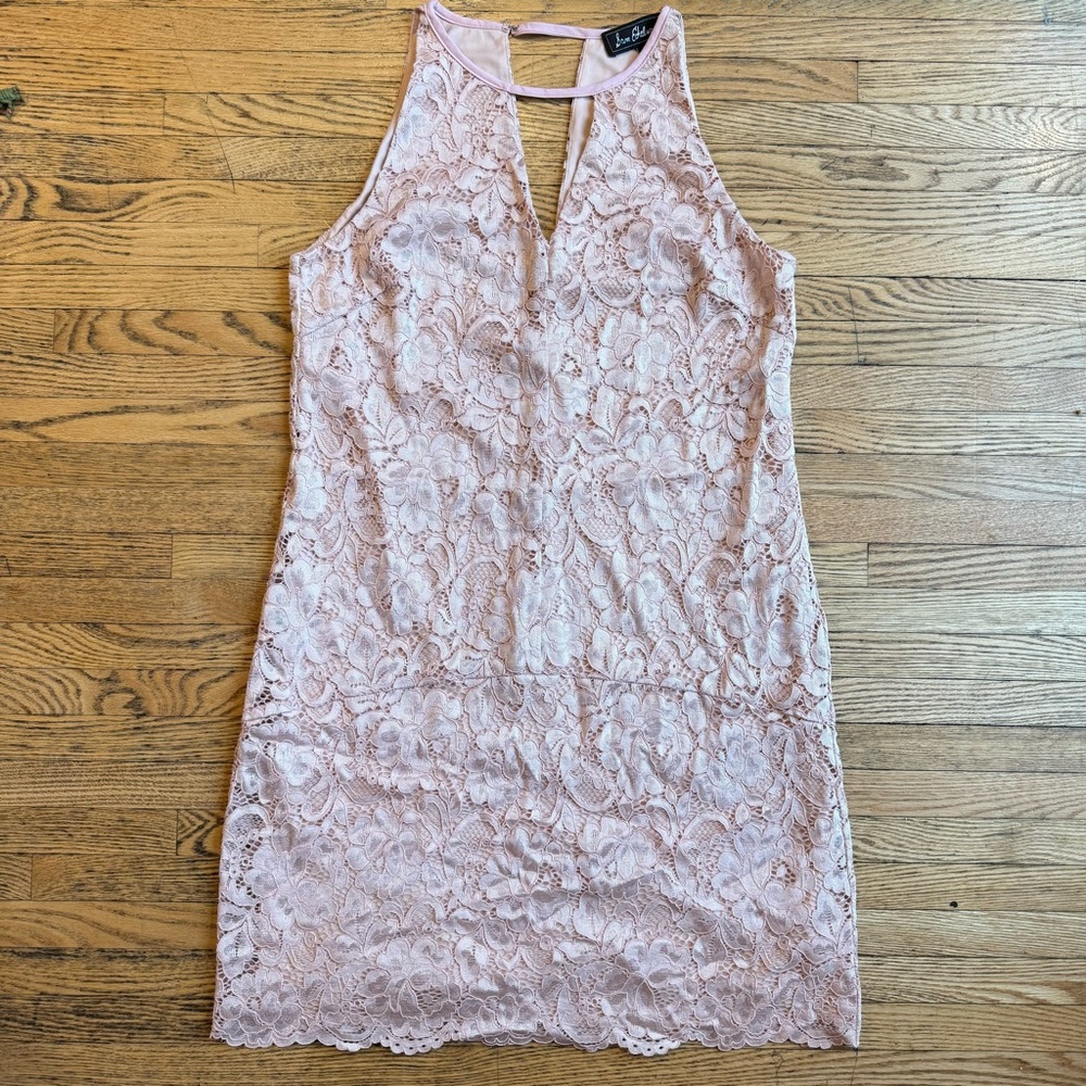 Sam Edelman Lace Overlay Dress Womens 4 Blush Drop Waist High Neck Chic Bridal
